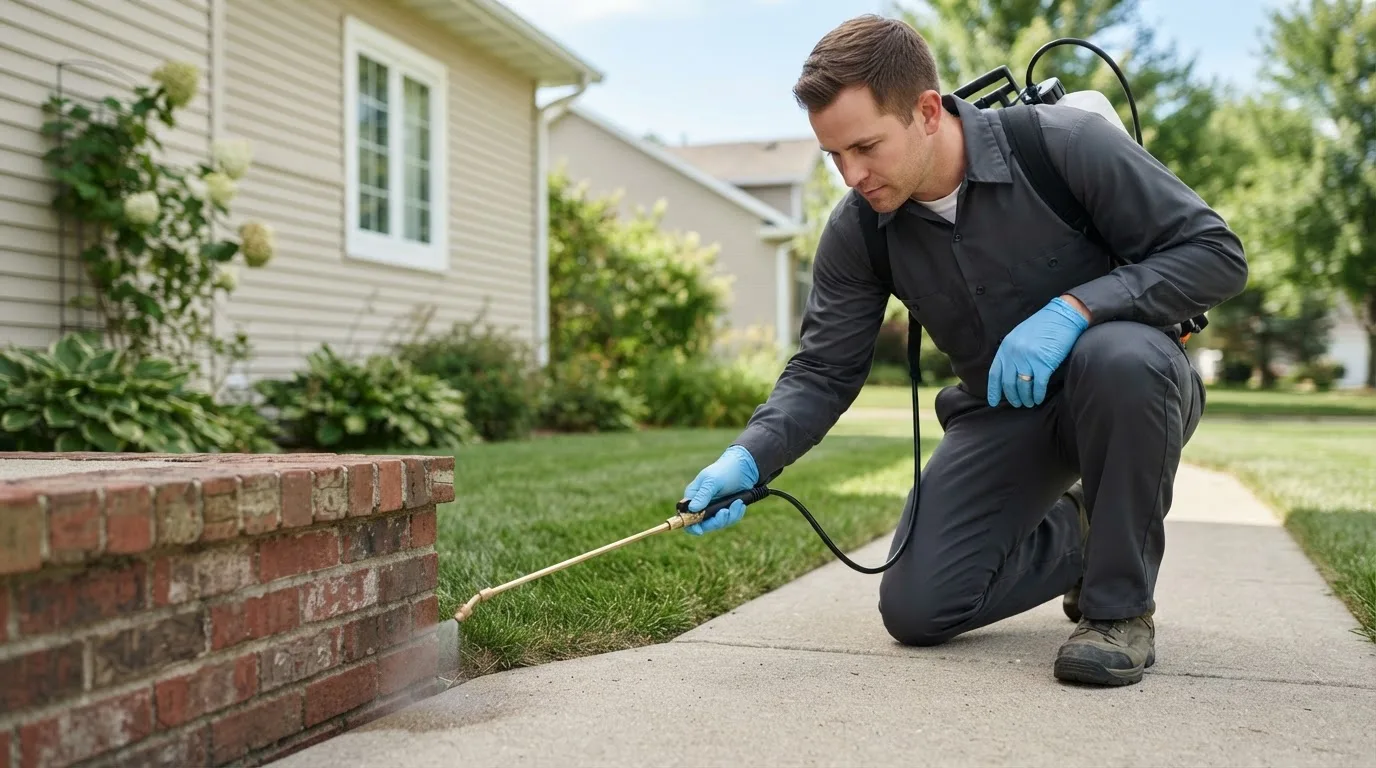 Pest control technician treating a home near Durham, ME
